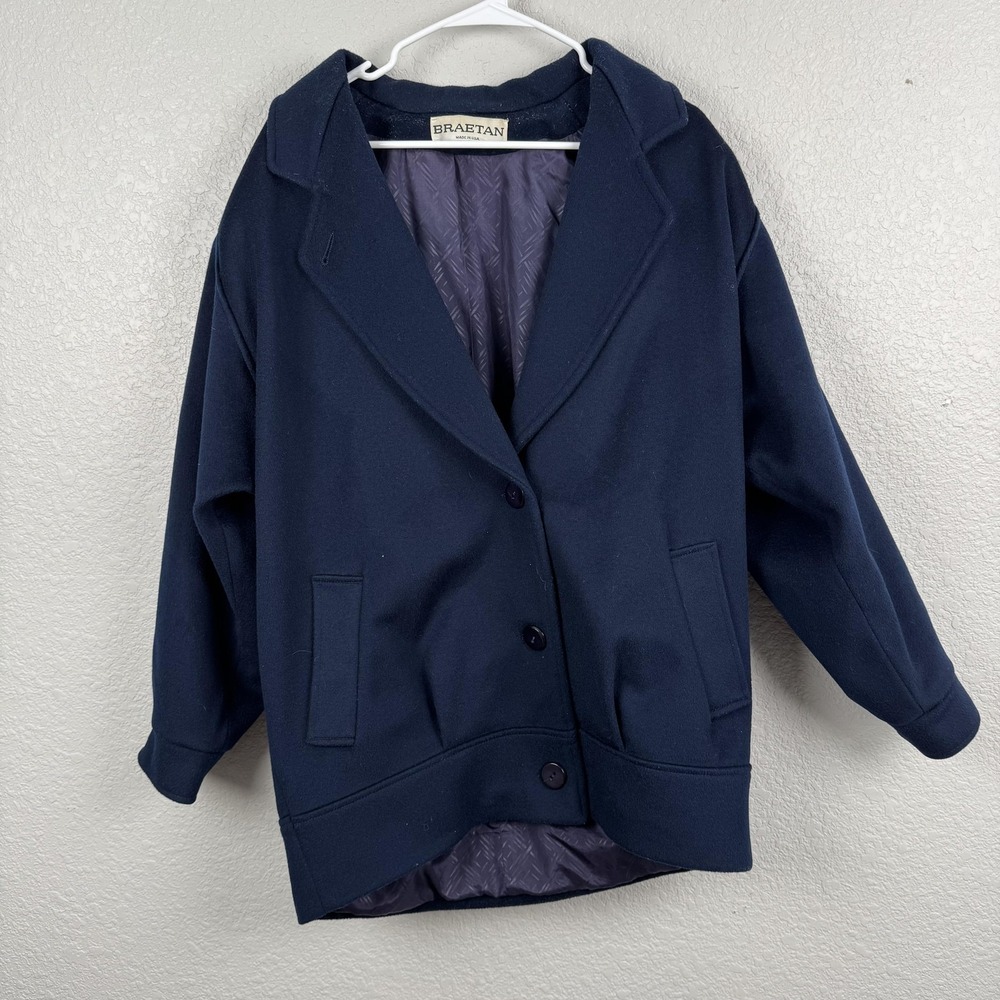 VINTAGE Braetan Jacket Womens 9/10 Navy Blue Wool Lined Epaulets Made in USA 80s